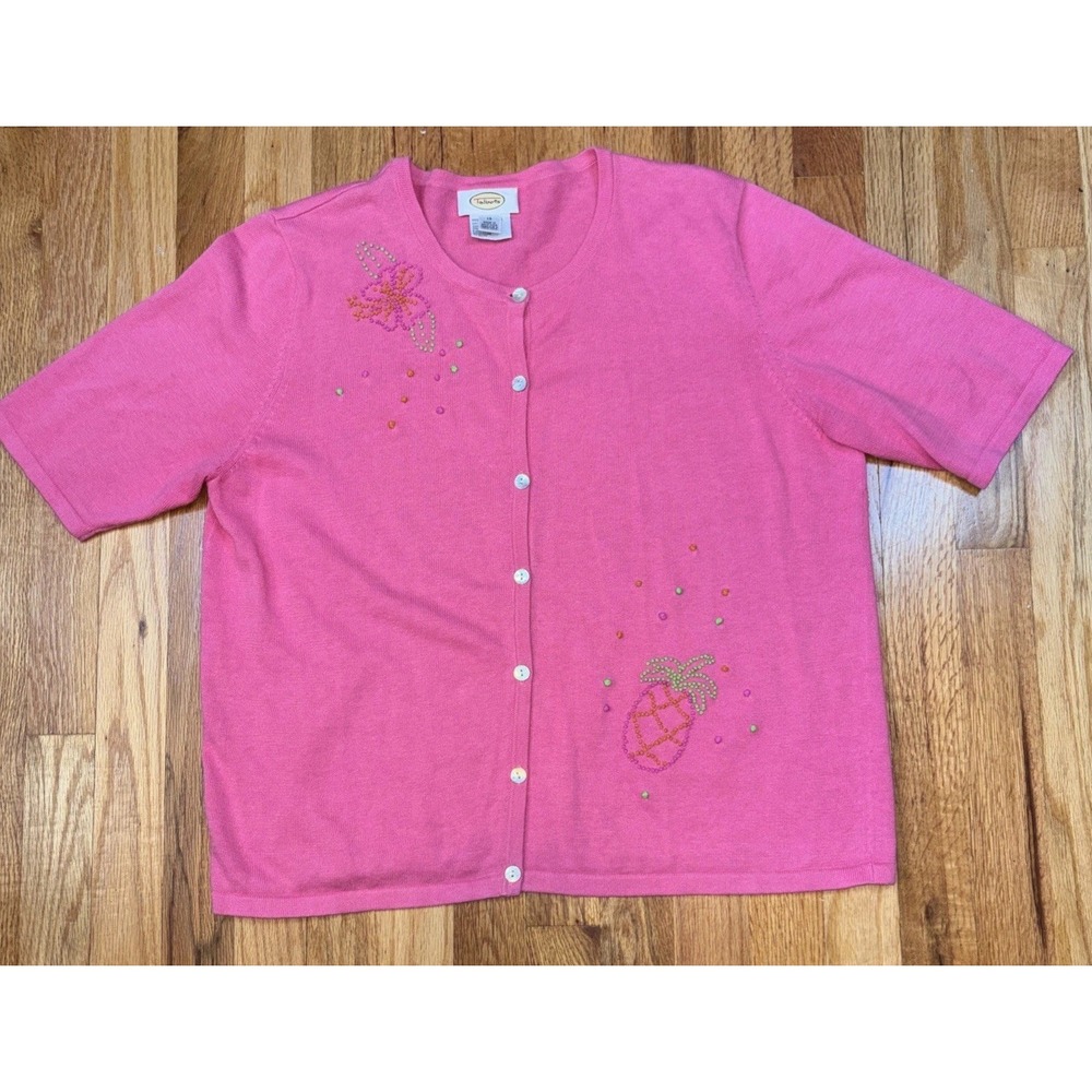 Vtg Talbots Cardigan Sweater Womens 14 Pink Pineapple Embroidery Cottage Granny